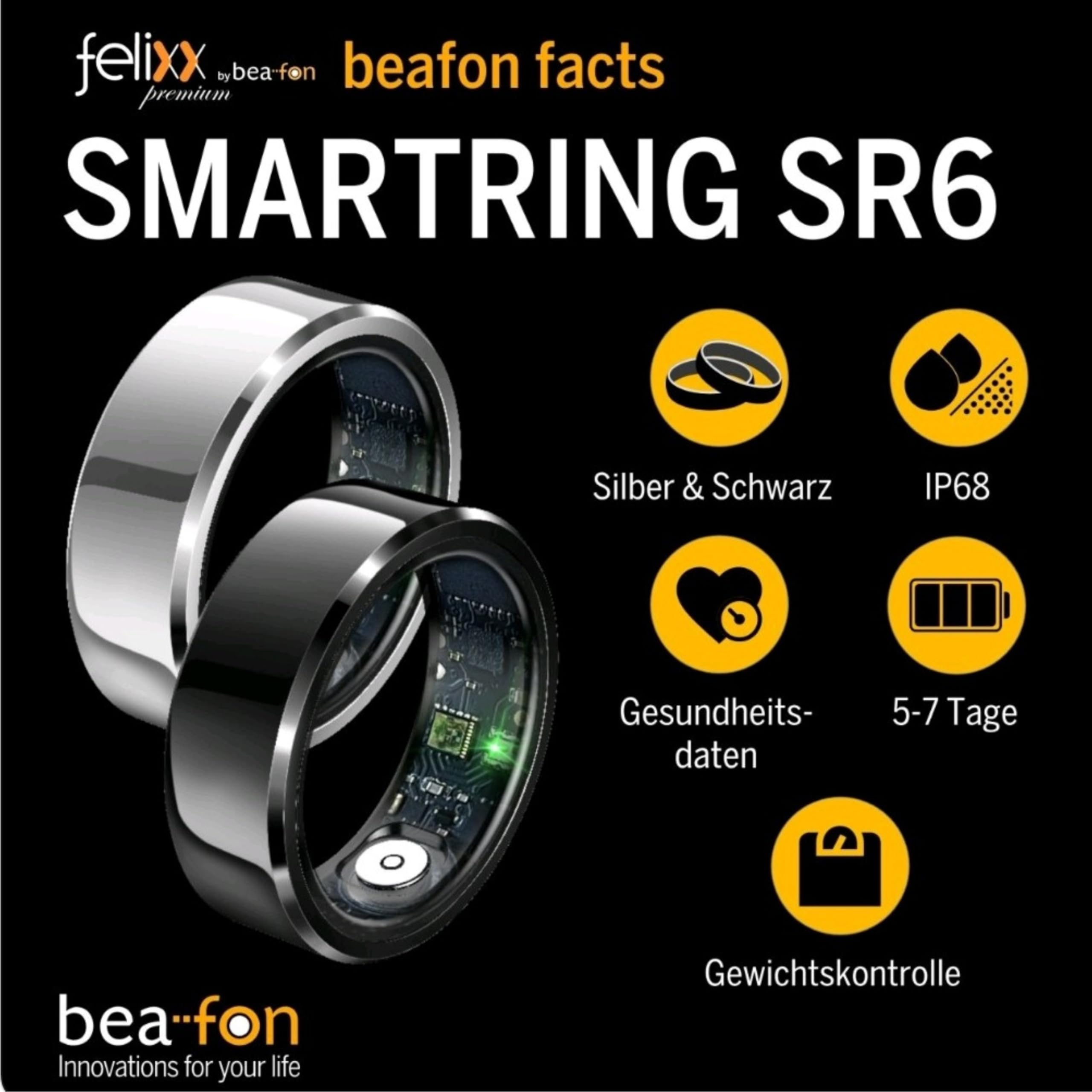 Beafon, felixx, Smart Ring, SR6, Silber, Größe 9, (59,5mm), Fitness Tracking, Herzfrequenz, Blutdrucküberwachung, Schrittzähler, IP68, Bluettooth, Edelstahl,inkl. Ladebox, Akkulaufzeit bis 7 Tage