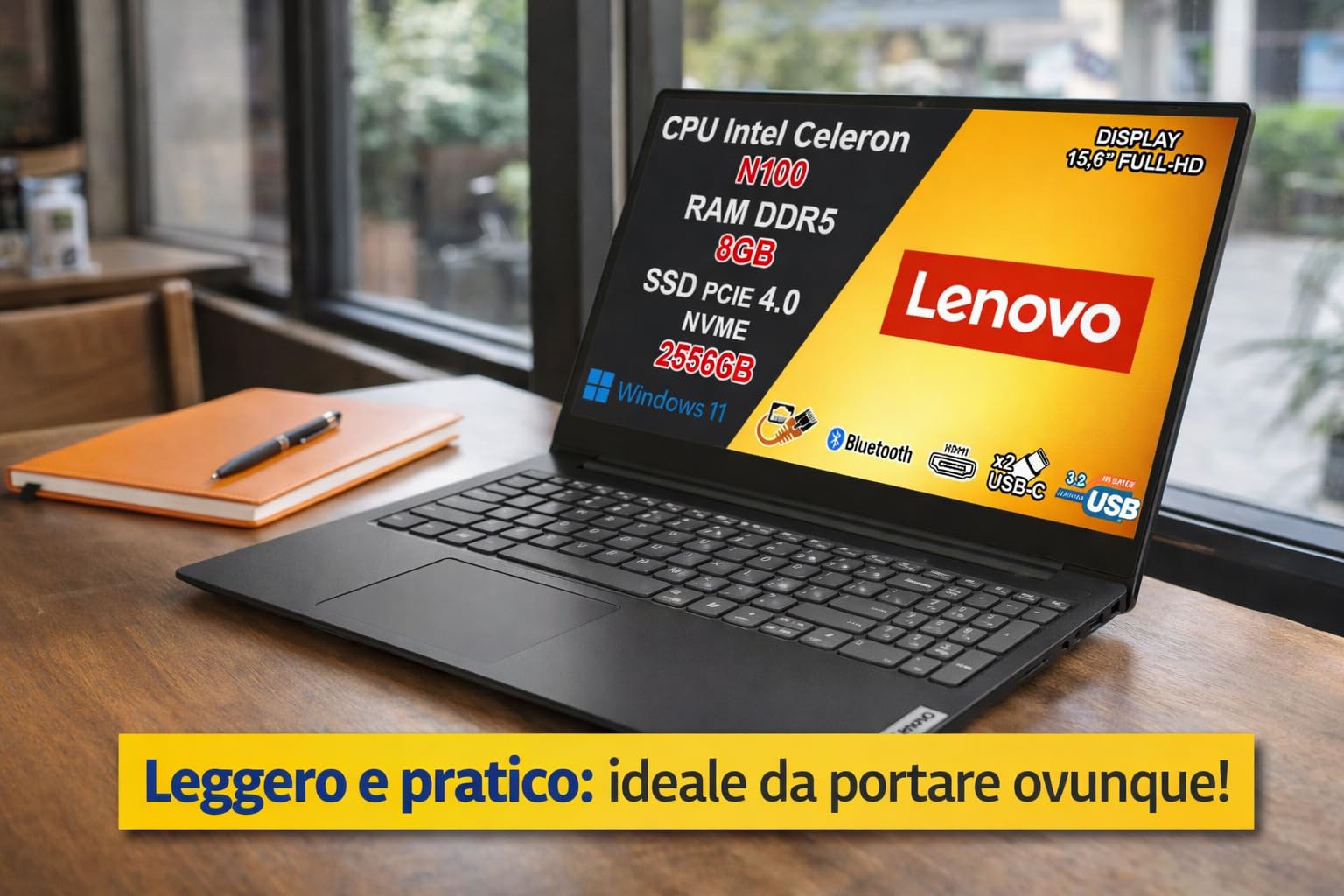 Lenovo V15 G6 Notebook Intel N100 3.4GHz 8GB DDR5 256GB SSD 15.6" Full HD WiFi 6 Windows 11 Pro Nero