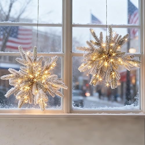 Vista 8 de LITBLOOM - Luces de copos de nieve con temporizador, funcionan a baterías o por cable USB; ramas de pino iluminadas con 60 luces LED, de 18