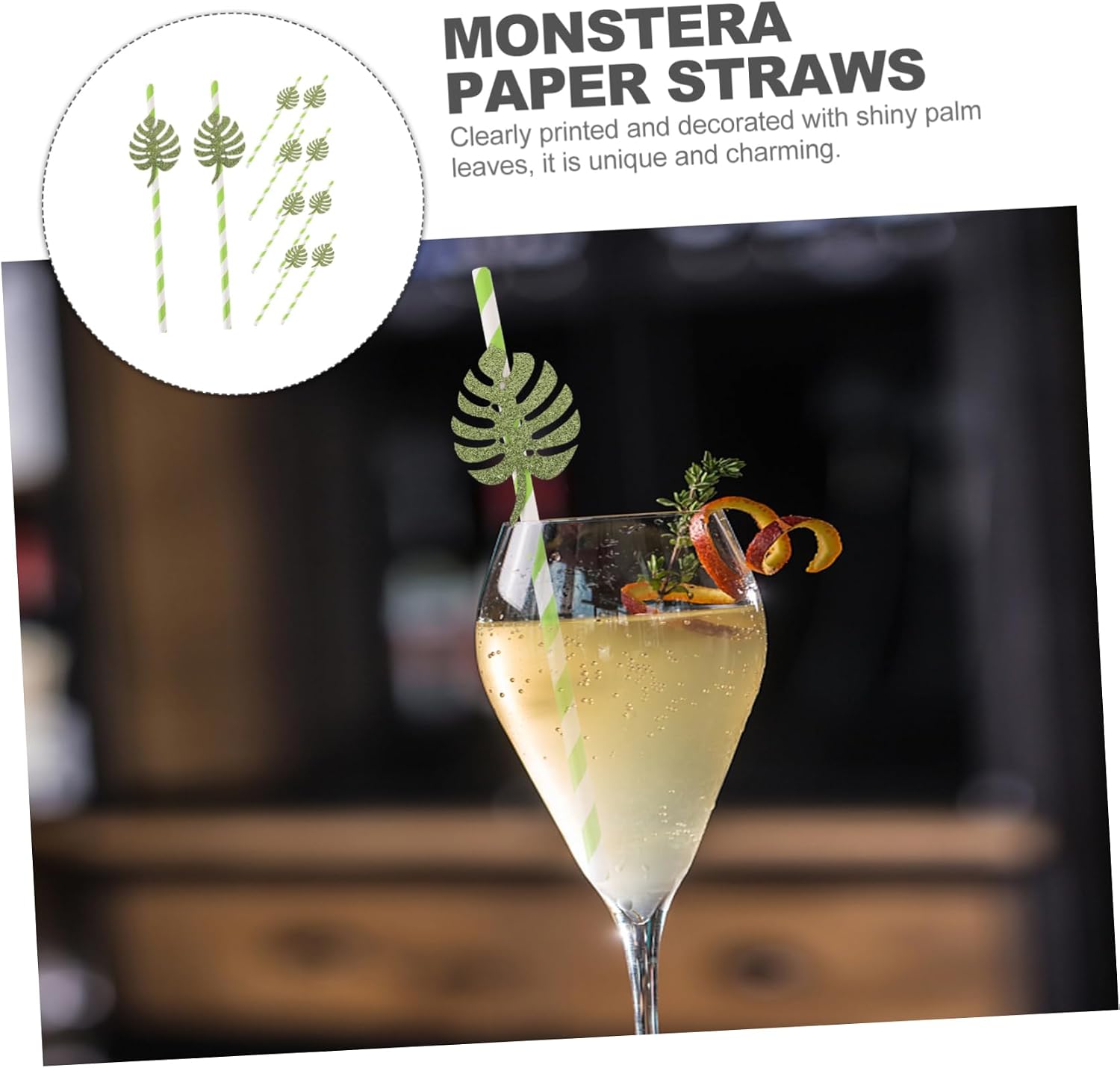 Outanaya 10pcs Tropical Monstera Disposable Drinking Straws Glitter Paper Straws for Weddings and Cocktails Safe and Drink Accessories
