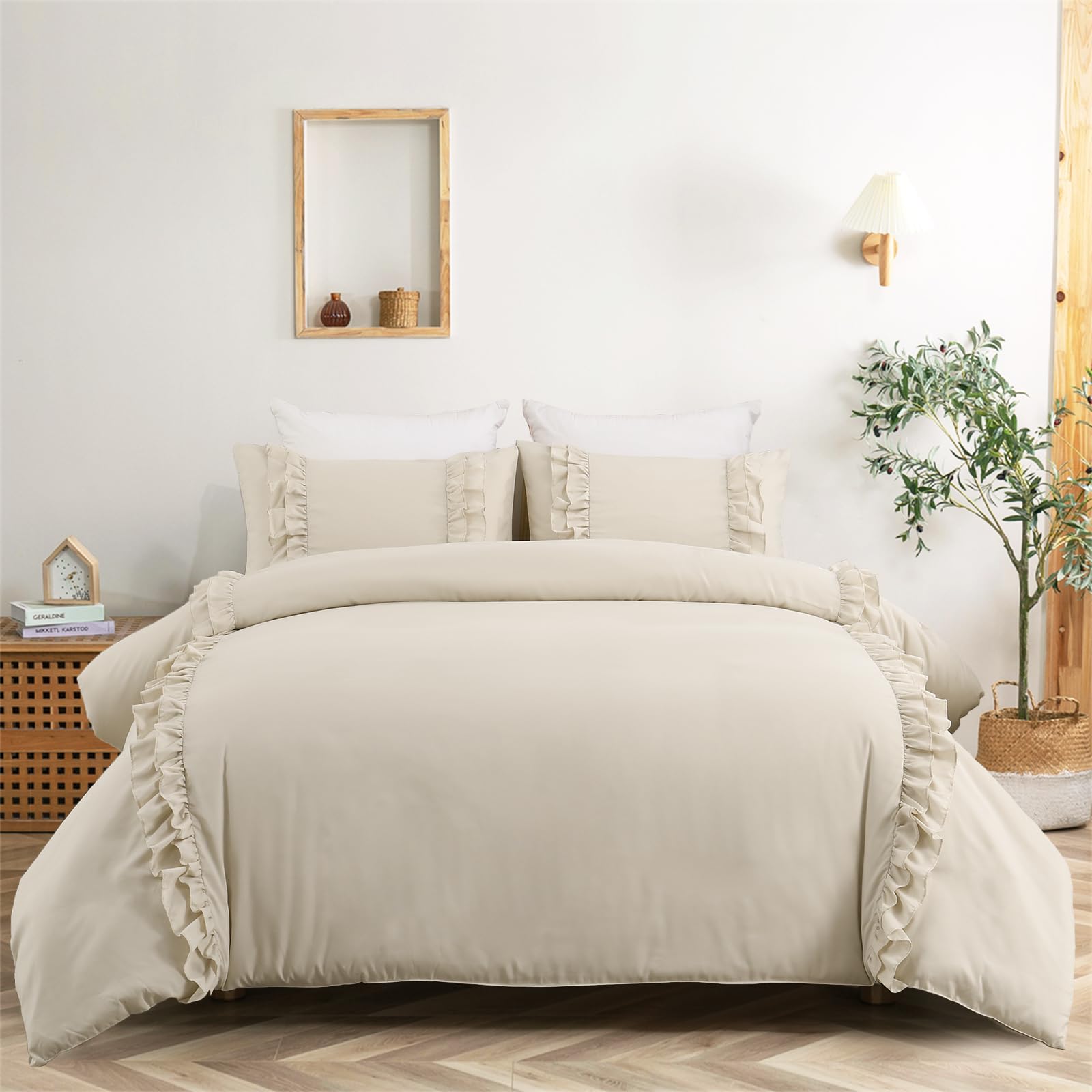 Fondream Ruffle Double Duvet Cover Beige Frills Bedding Set Farmhouse Ruffled Decor Soft Luxury Washed Microfiber with Zipper Closure for Teens and Adults (Beige - Image 2