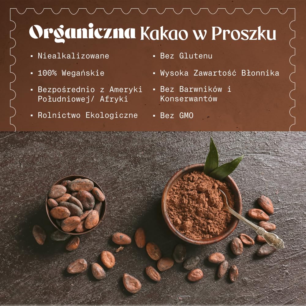 NaturaleBio Bio Surowe Kakao w Proszku Niealkalizowane | 1 kg. Kakao bez cukru, niealkalizowane i testowane na metale ciężkie, do smoothie, pieczenia i napojów.