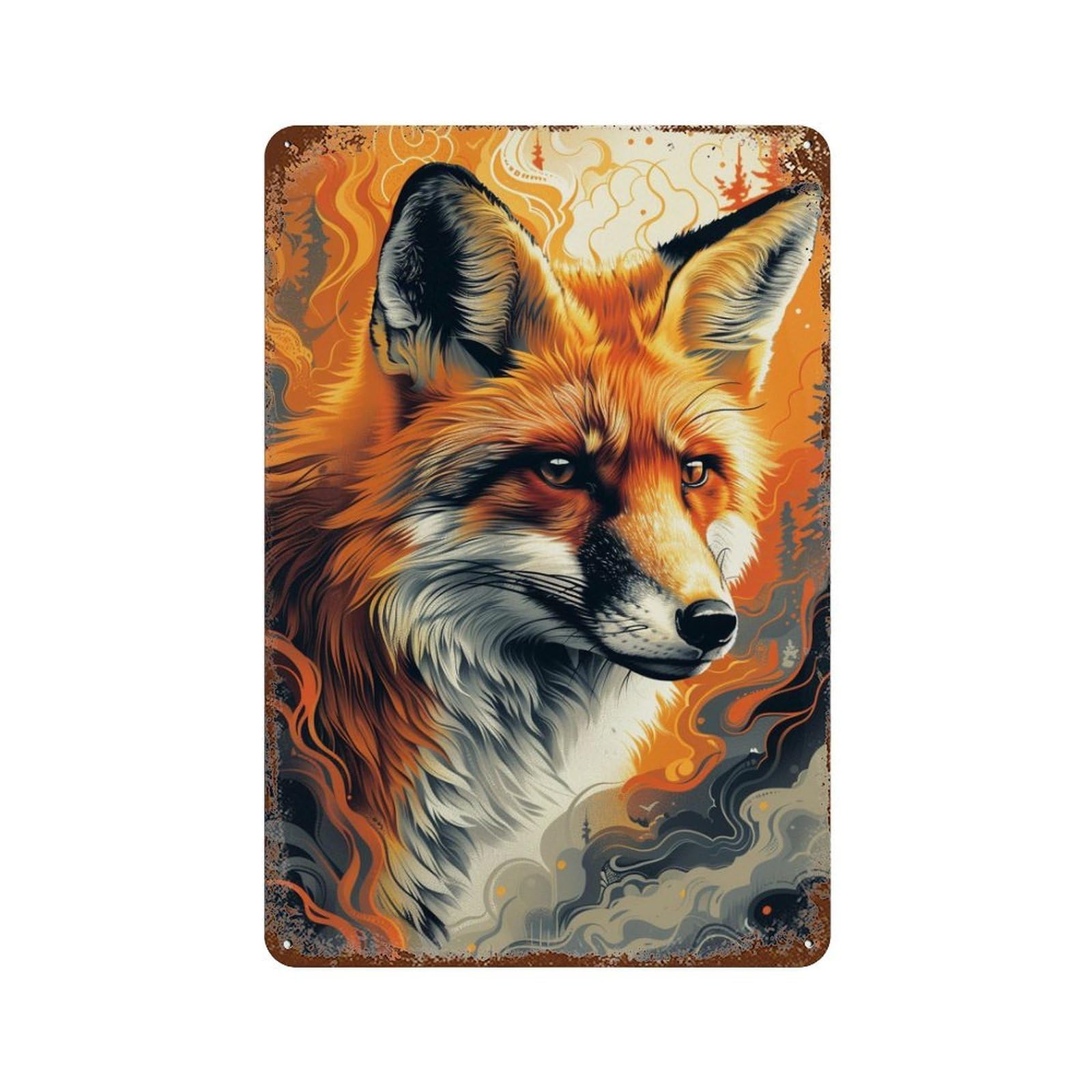 Fox in Flames Art Print Rust Effect Tin Sign 11.8"x7.9", Vintage Wall Decor for Bistro, Counter And Cafe Decor