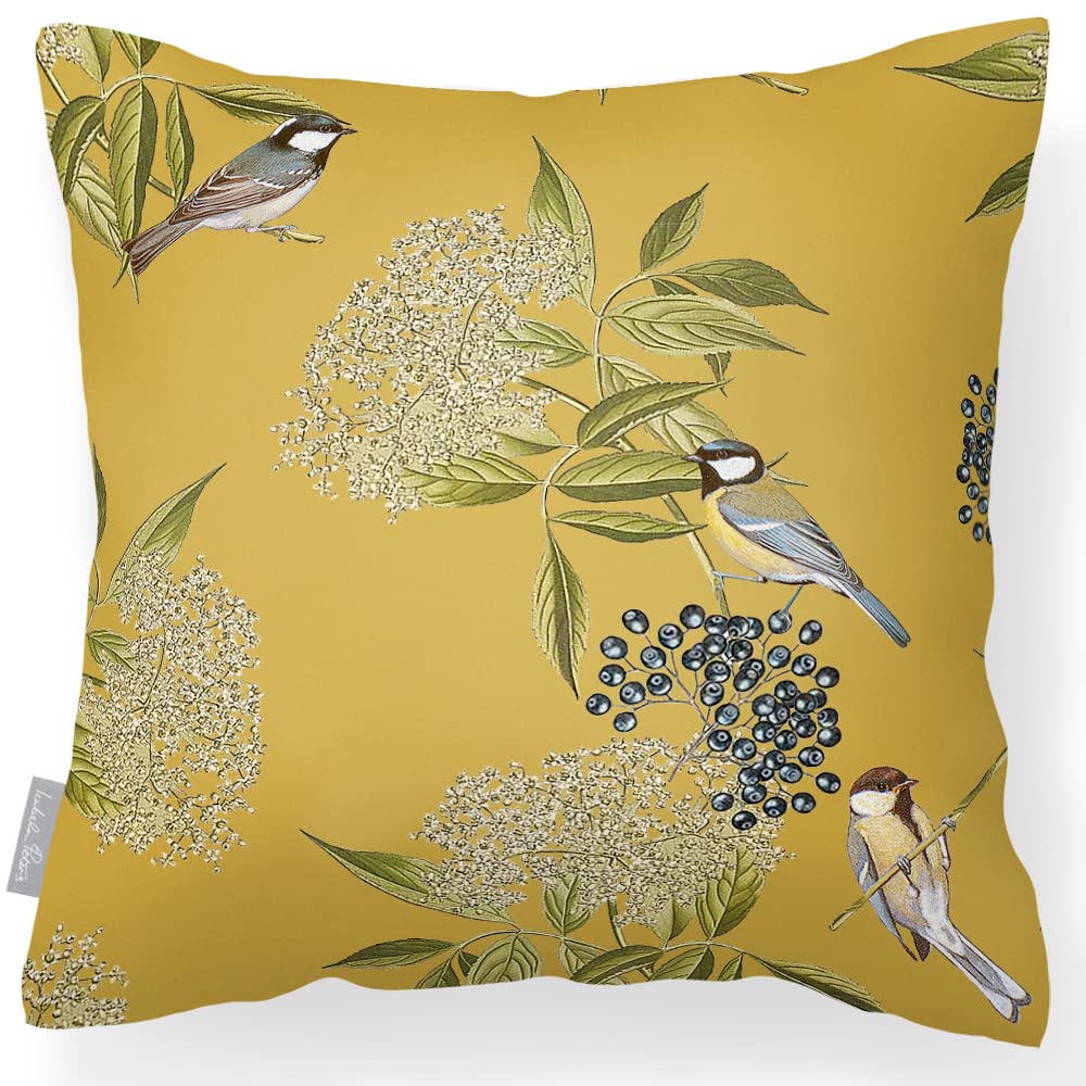 Izabela Peters Waterproof Outdoor Cushion, 43 cm - Bird on Elderflower in Mustard, Garden Furniture Seat and Chair Cushions