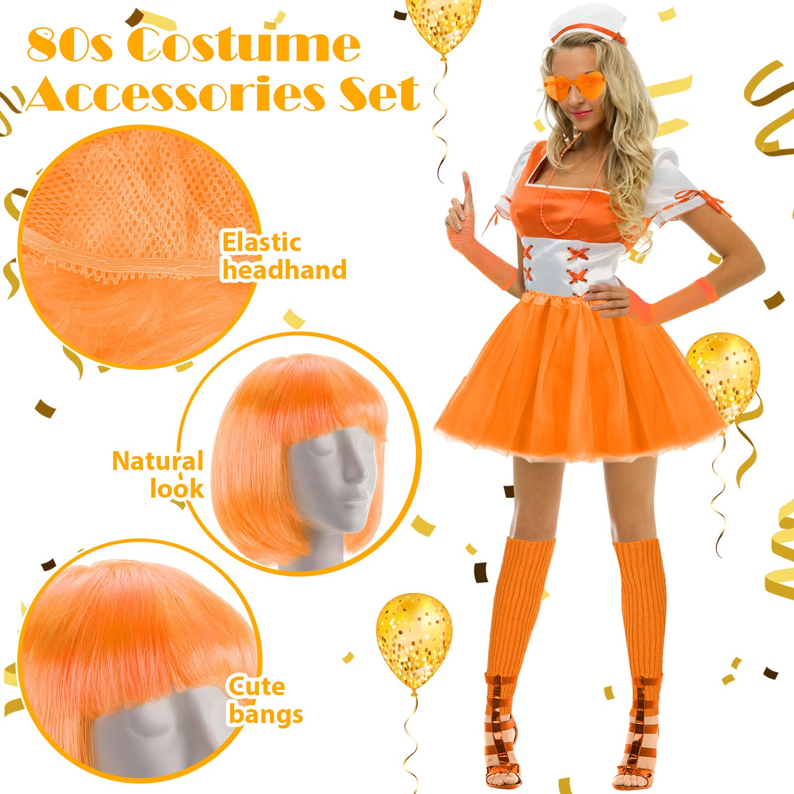 80s Women Costume Accessories Set 6 Pcs Neon Tutu Bob Wig Leg Warmers Fishnet Gloves Necklace Sunglasse for 80s Party (Orange, One Size)