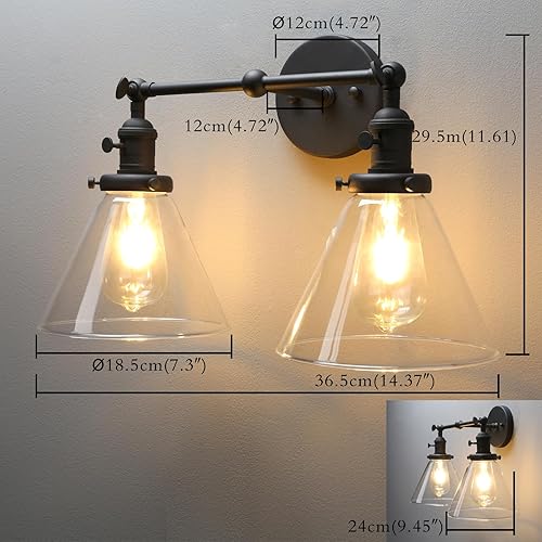 Miniatura 3 de PERMO Apliques de pared vintage industriales antiguos de 2 luces con embudo, pantalla de vidrio transparente de vidrio acampanado (negro)