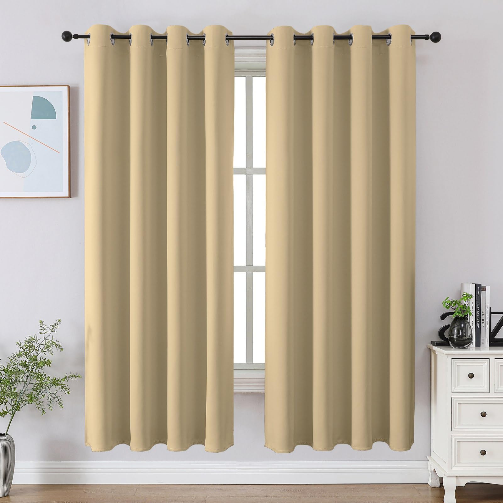CUCRAF Beige Blackout Curtains 63 inch Length 2 Panels Set, Room Darkening Drapes for Living Room Bedroom, Thermal Insulated Light Blocking Grommet Window Curtain (W52 x L63 Inch)
