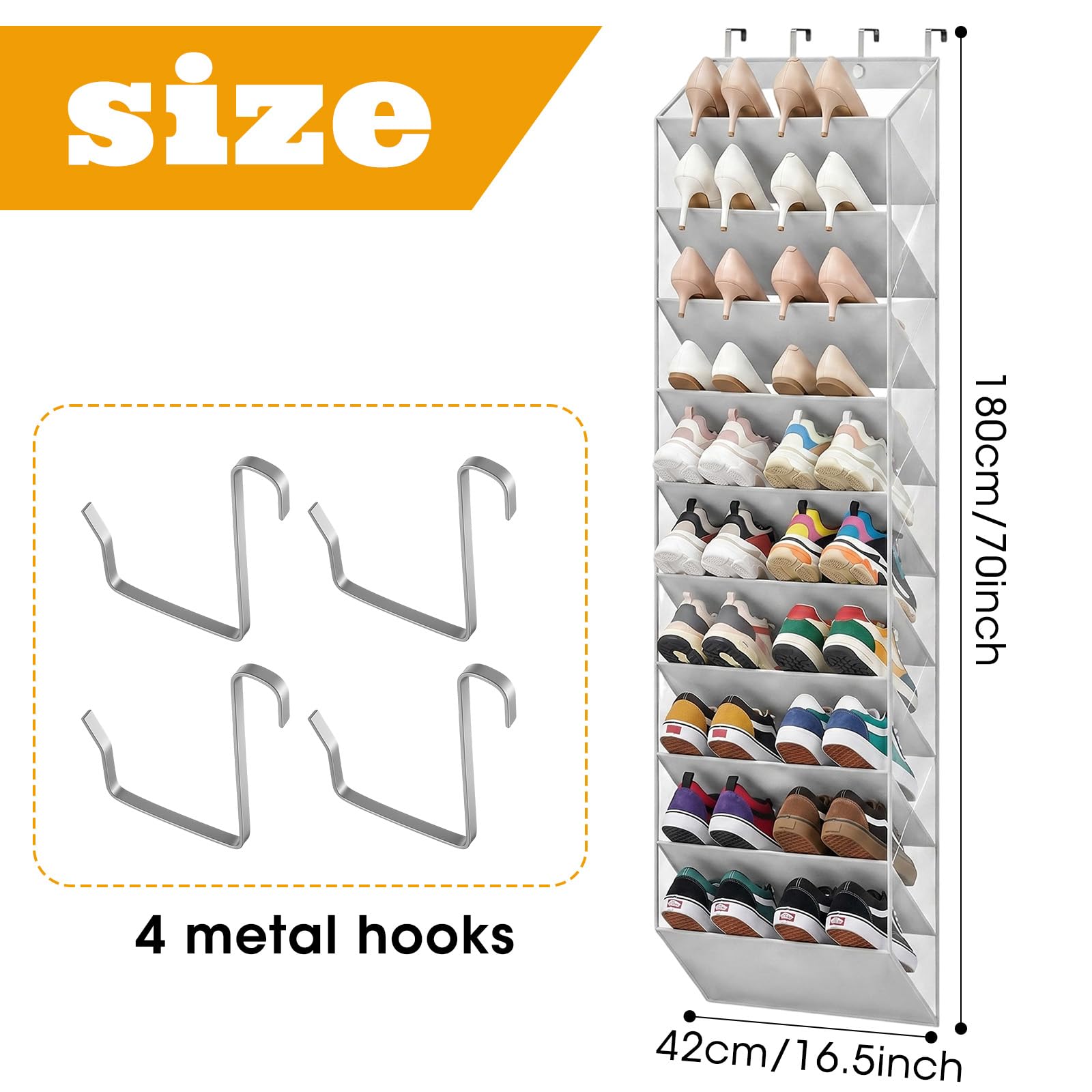 Porta Scarpe Salvaspazio Verticale con 10 Tasche Profonde & 4 Ganci, Grande Capacità Scarpiera da Appendere per Armadio, Lavanderia e Camera Letto
