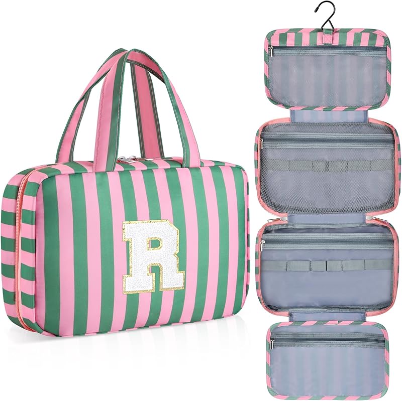 Necessaire pendente de viagem ISPbag listrada verde com inicial R, MA6002