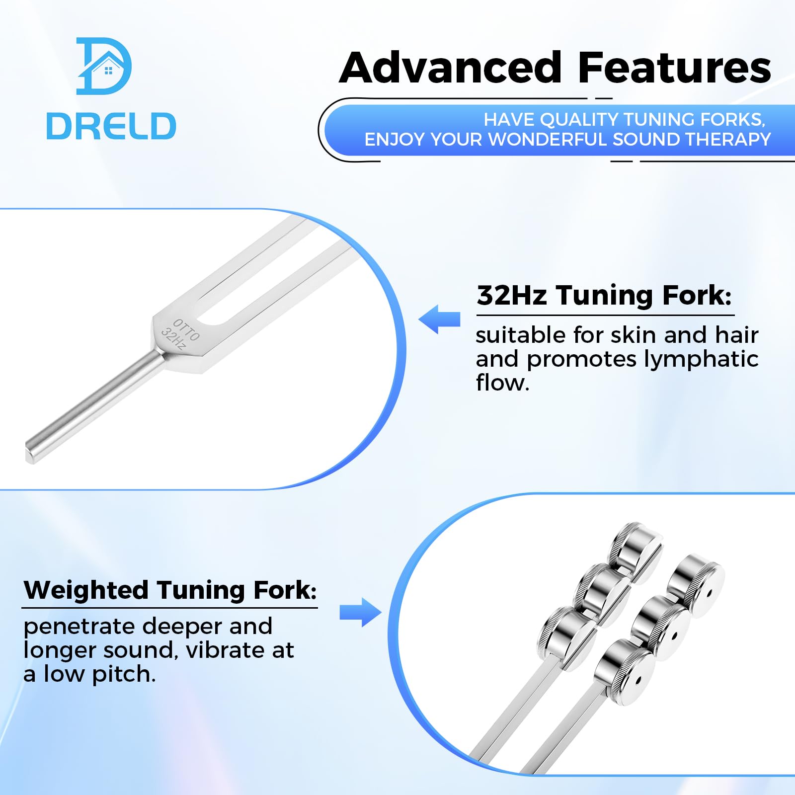 DRELD 32Hz Weighted Tuning Fork, Aluminium Alloy Tuner with Hammer, Triangular Tip, Velvet Pouch, Cleaning Cloth - Image 2