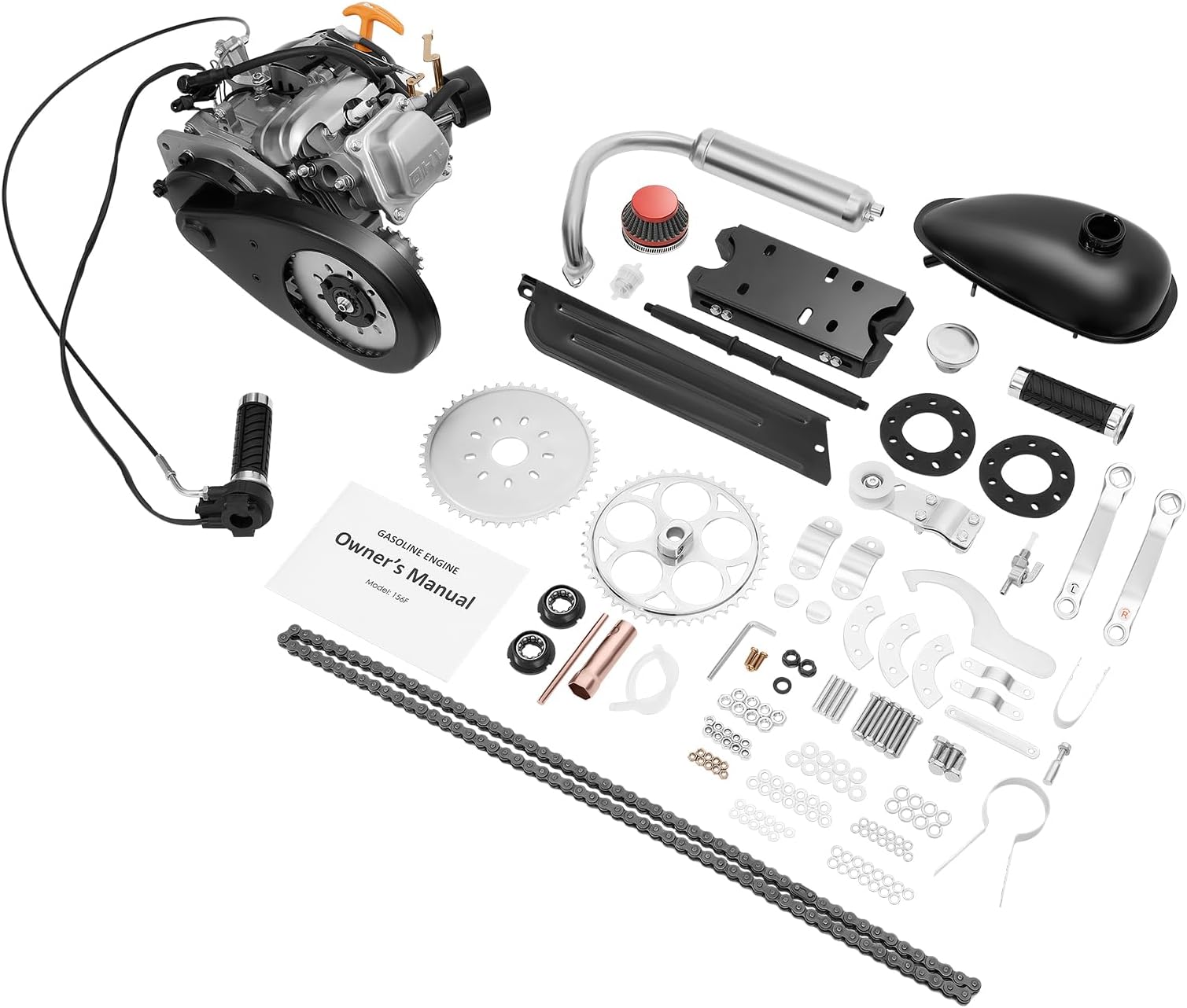 100cc Bicycle Engine Kit 4-Stroke Single Cylinder Gas Petrol Motorized Bike Engine, Air-Cooling Motorized Bicycle Motor Ki for Bikes with Large Triangular Frame Space (Chain Clause)