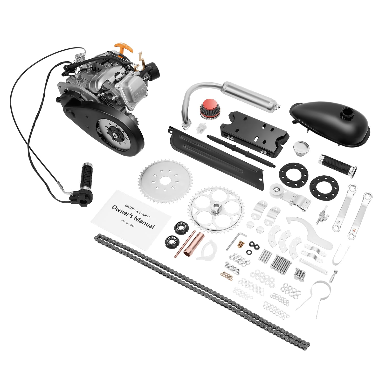 100cc Bicycle Engine Kit 4-Stroke Single Cylinder Gas Petrol Motorized Bike Engine, Air-Cooling Motorized Bicycle Motor Kit for Bikes with Large Triangular Frame Space (Belt Model)