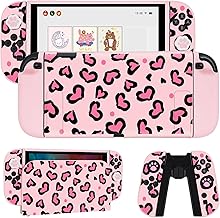 DLseego Protective Case Compatible with Switch 2, Soft TPU Dockable Leopard Heart Case with Switch 2 Dock, Handle Cover and 4 Pcs Thumb Grips, Pink