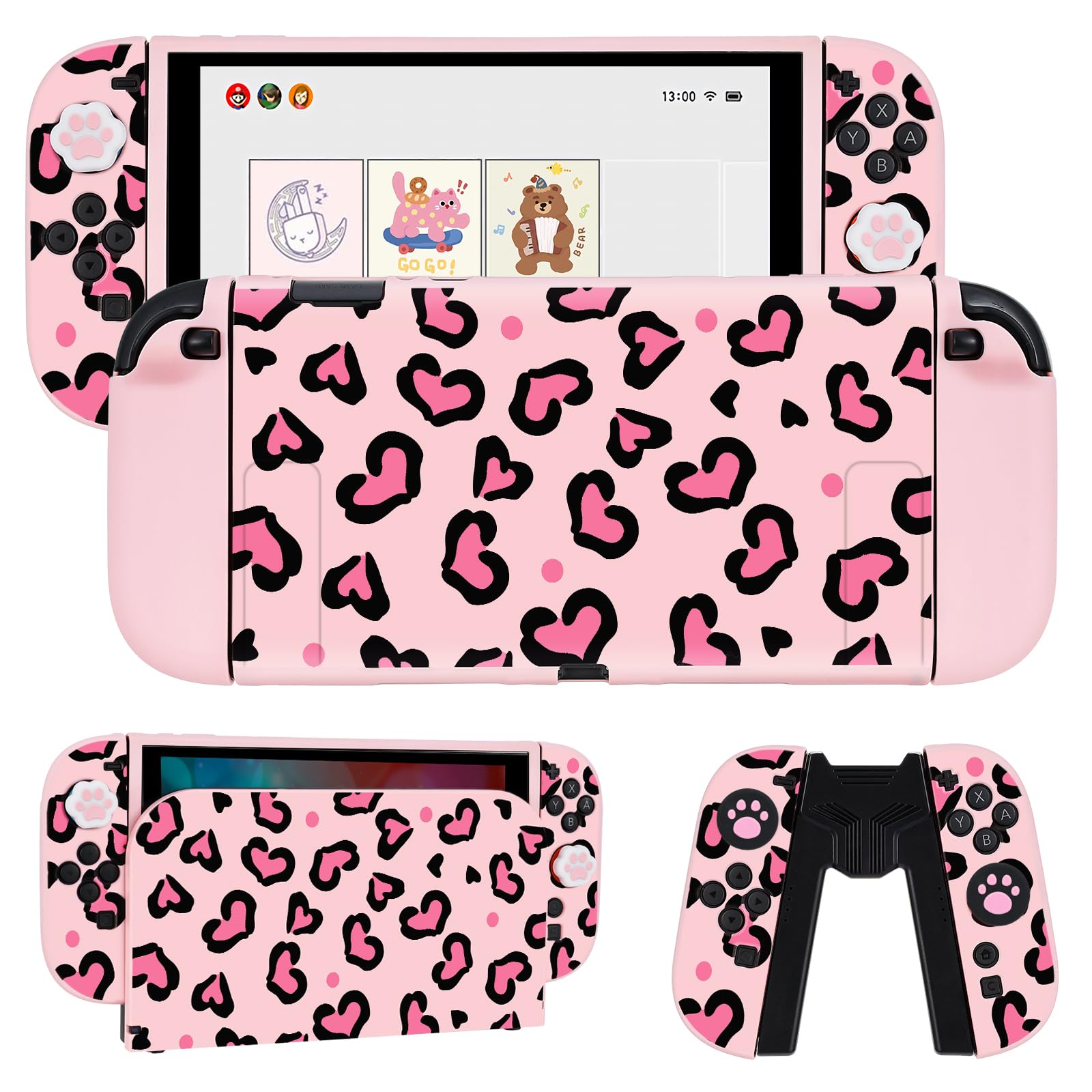 DLseego Protective Case Compatible with Switch 2,Heart Leopard TPU Dockable Soft Cover with Switch 2 Dock Case,Handle Cover and 4PCS Thumb Grips,Pink