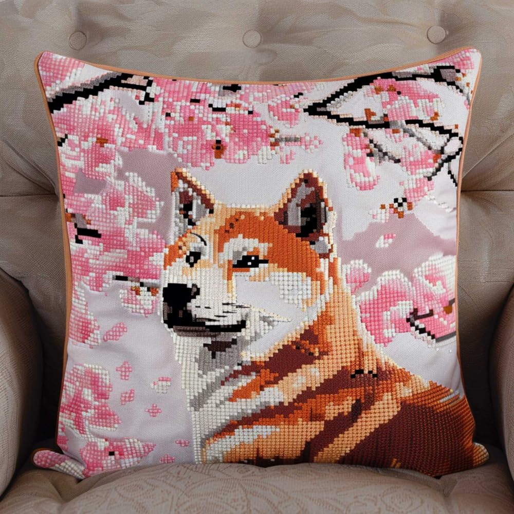 RKFLGEW Latch Hook Kit Shiba Inu Animals and Flowers DIY Cross Stitch Sofa Cushion Cover with Latch Hook Tool Fit for Teenager and Adults Latch Hook Cushion Cover Kit 43x43cm