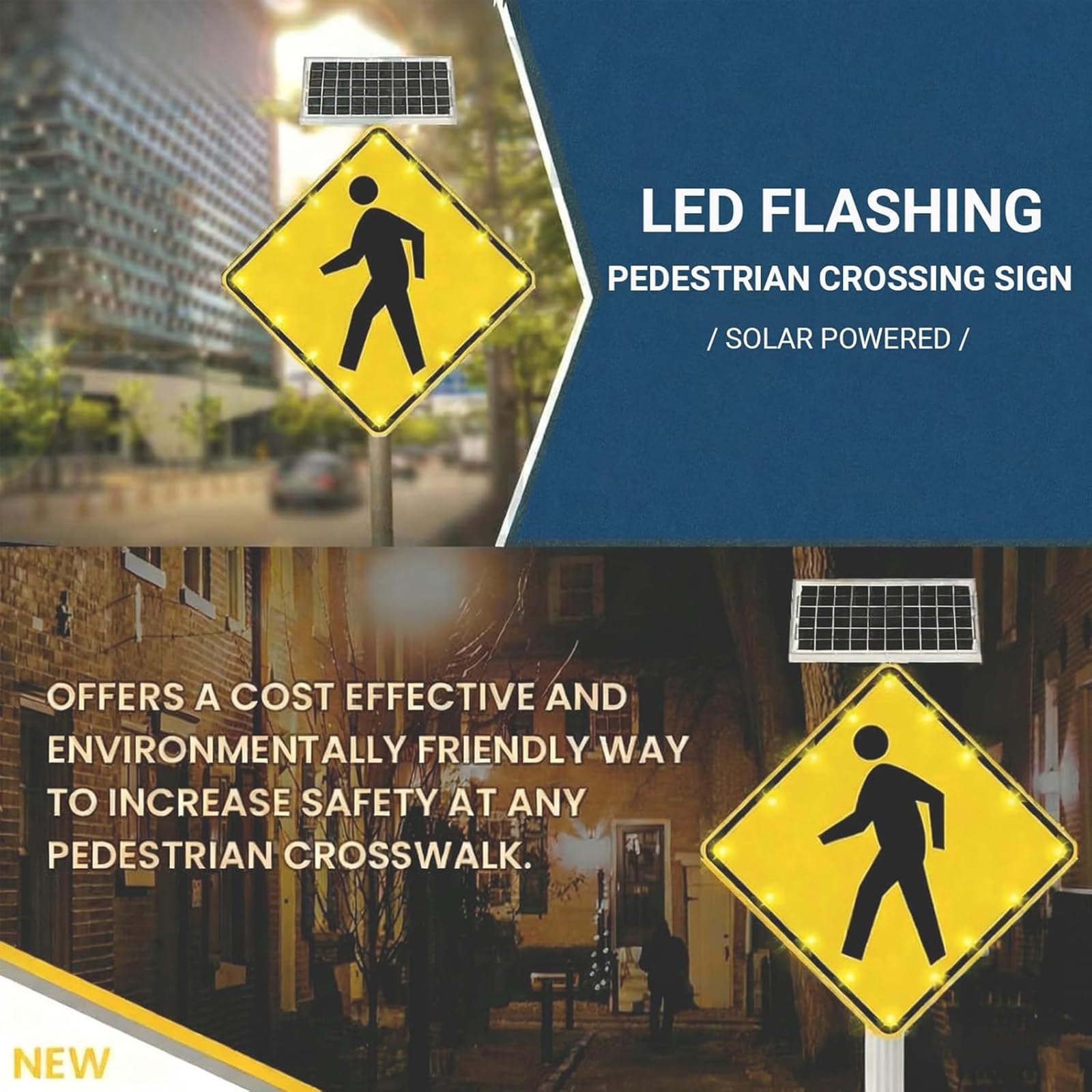 Señal solar LED intermitente de cruce peatonal, advertencia de tráfico de alta visibilidad, letrero de metal reflectante de aluminio para cruces peatonales, impermeable IP65