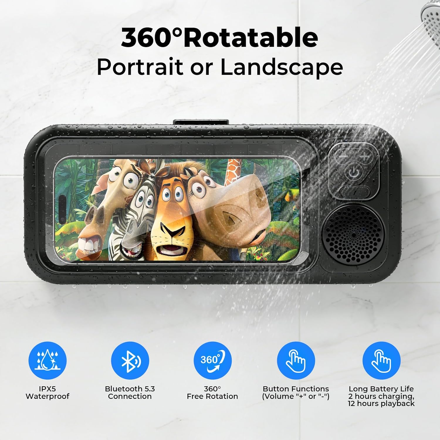 Waterproof Shower Phone Holder with Bluetooth Speaker, IPX5 360° Rotatable Suction Cup/Wall Mount, Built-in 5.3 Speaker for Bathroom/Kitchen/Pool, for iPhone 16/15/14/Samsung/All Smartphones-Black