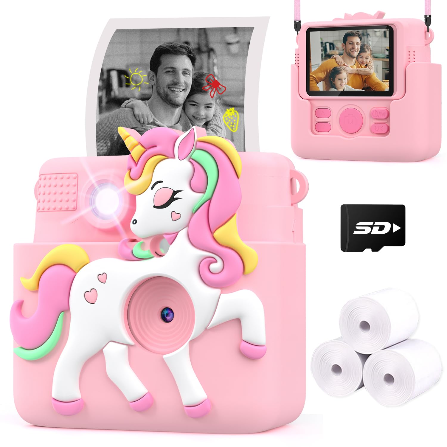 Photo 1 of Kids Camera Instant Print with Silicone Cover, Creative Gifts for Girls Age 4-12 Birthday Christmas, 1080P Digital Camera Toy with Memory Card - Pink