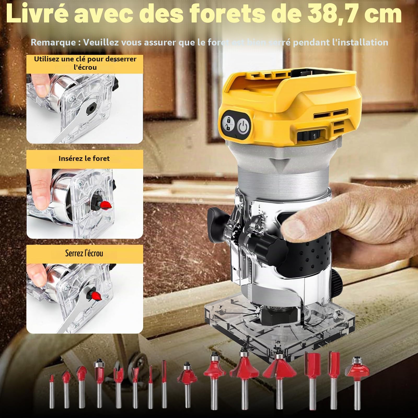 Defonceuse a Bois sans fil pour Dewalt 20 V/18 V Batterie, Fraise à bordure | 1300 W bordure sans fil Balais 6 Vitesses,Fraiseuse à une Main,fraise à bords sans balais avec 15 Fraises 1/4"" pour Travail