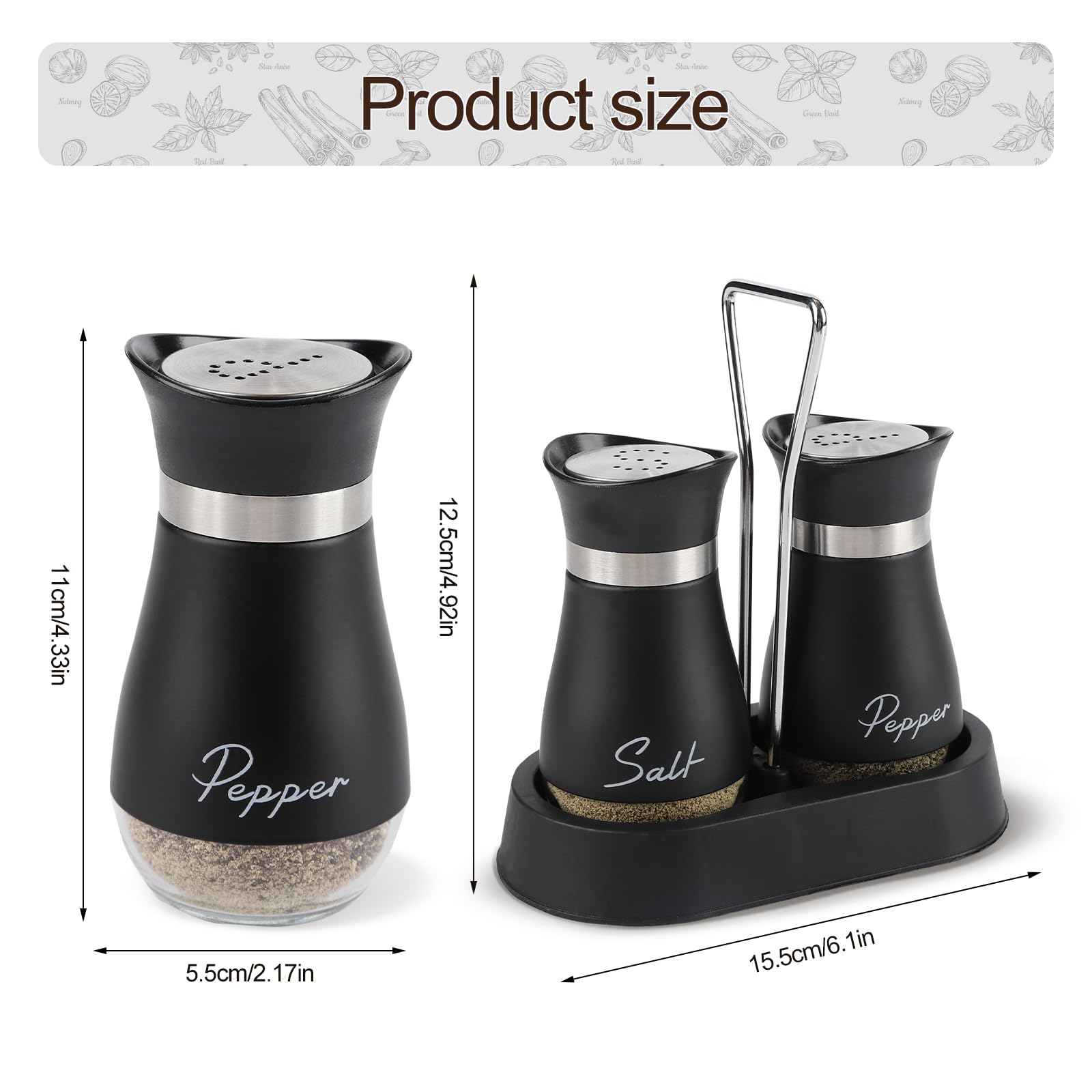 HZPZPP ,Salt and Pepper Sets,Salt and Pepper Shakers Sets with Holder,Set of 2 Stainless Steel and Glass Bottle Stainless Steel,Salt Shaker Dispenser for Cooking BBQ (Black) - Image 3