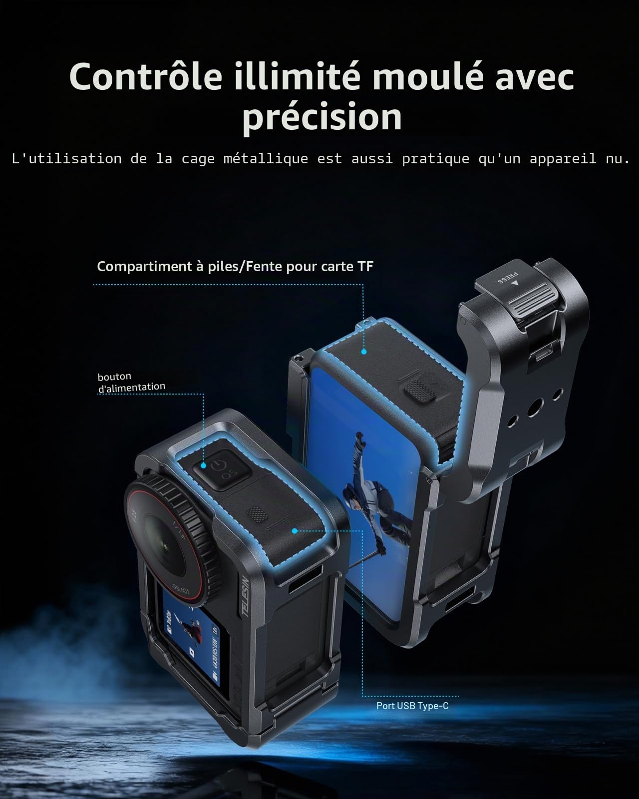 TELESIN Étui de protection en alliage d'aluminium pour DJI Osmo Action 6 avec lumière LED magnétique, boîtier en métal à dégagement rapide de type cage de lapin, vis 1/4" et sabot Cold Shoe, pour vlog