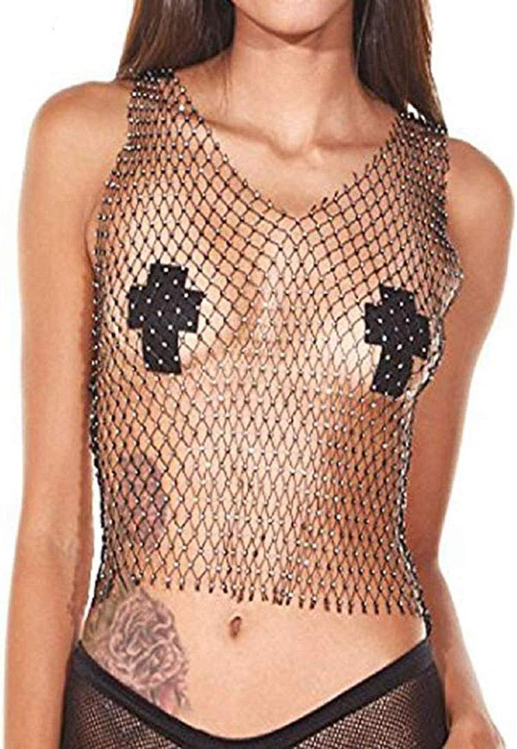 Women Mesh Tank Tops Shiny Crystal Diamond Rhinestone Elastic Hollow Out Crop Tops T-Shirt Sleeveless for Concert Music Festival Dance Club Party Rave Costume(V-Neck,Black)