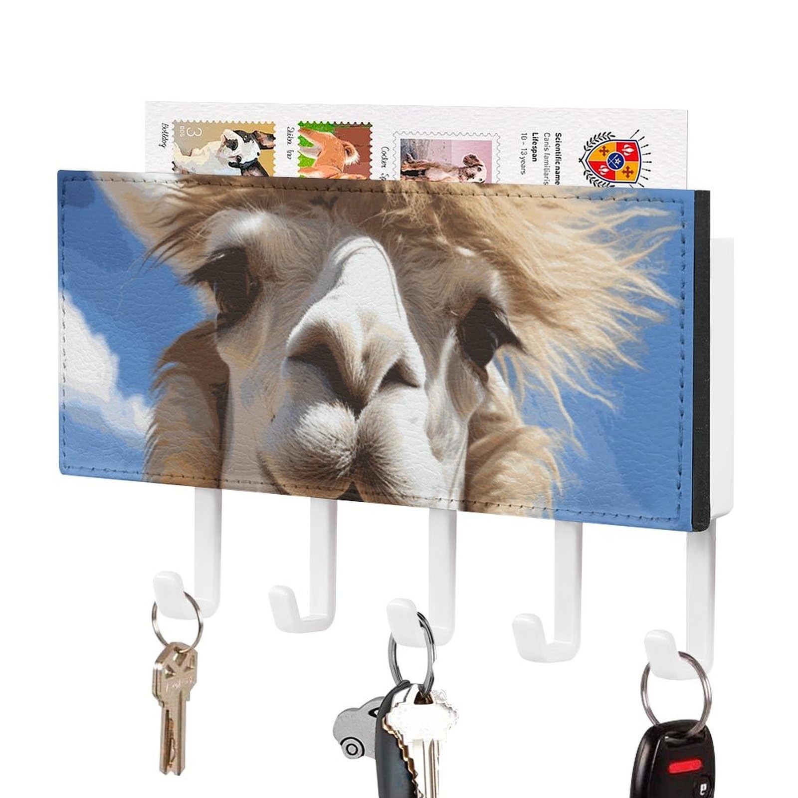 Dwvtslh White-Style Funny Alpaca Llama Key Holder For Wall, Decorative Key Hooks With Mail Organizer & 5 Hooks, Self Adhesive Leather Key Hanger For Entryway, Wall Mounted Key Rack (7.1” X 4.3” X 0.9”)
