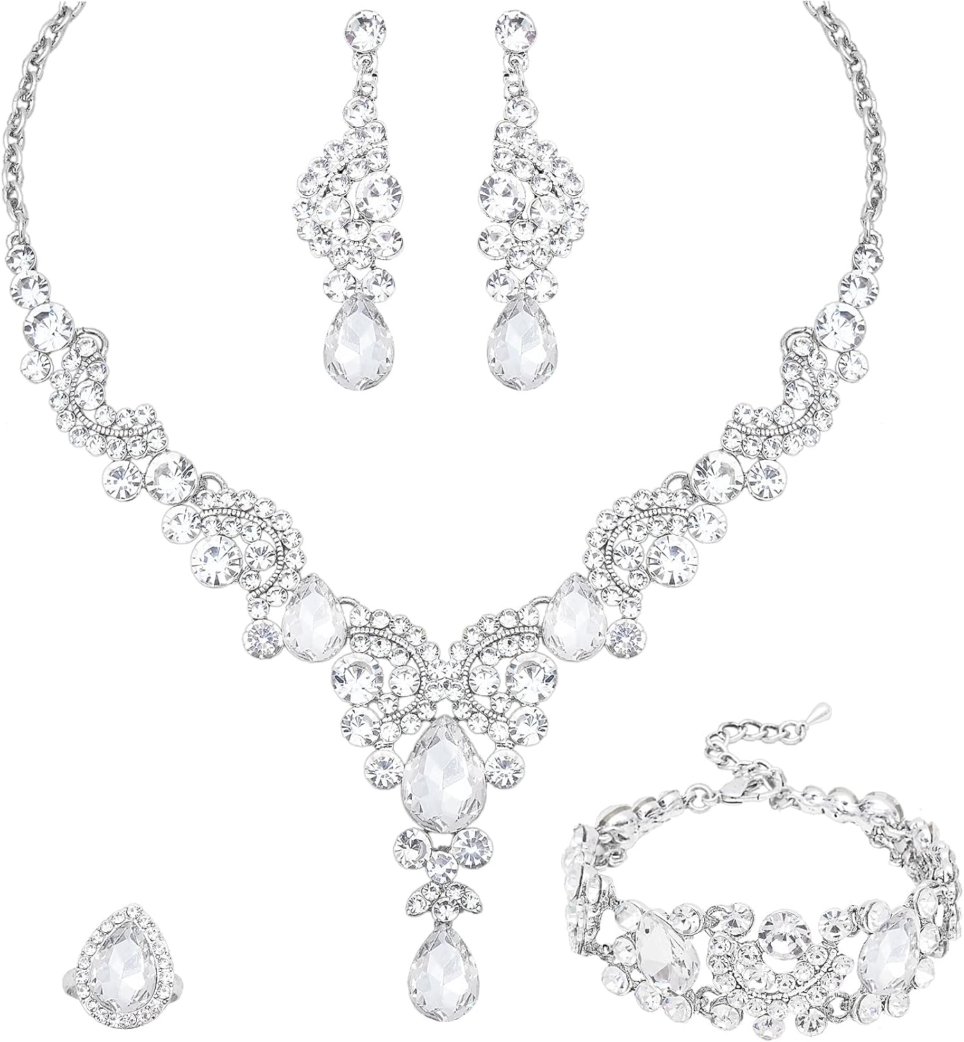 Retro Jewelry Sets Women Vintage Necklace Earrings Bracelet Ring Sets Crystal Antique Finish Costume Jewelry