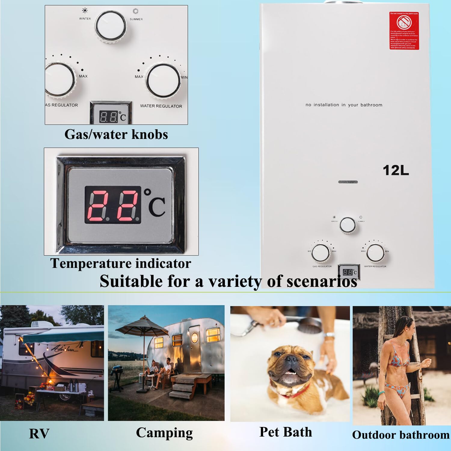 Calentador de Agua Sin Tanque 12L 24 KW Calentador de Agua a Gas Propano Instantáneo con Alcachofa de Ducha para Uso Doméstico en Vehículos Recreativos al Aire Libre