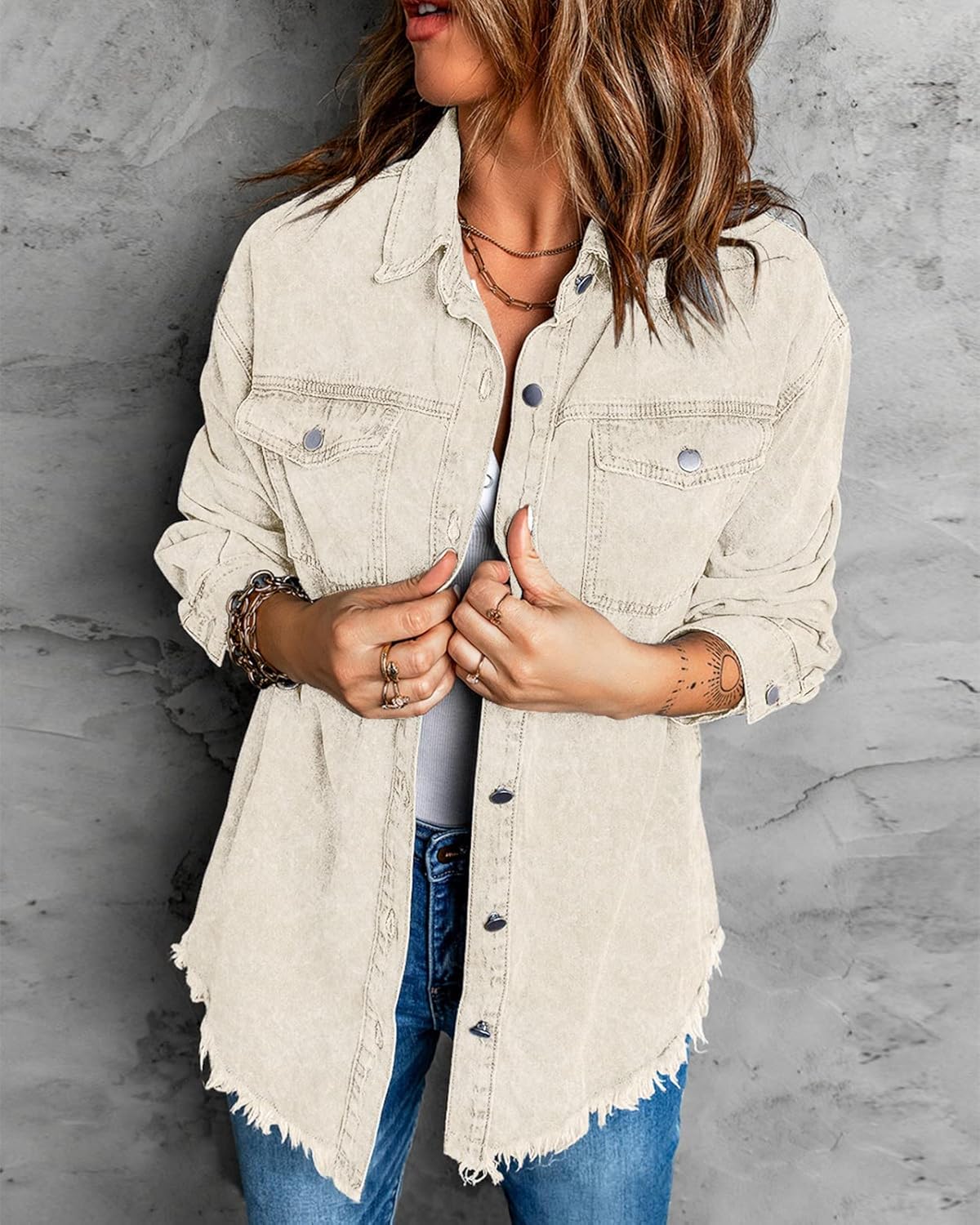 Vetinee Women’s Oversized Button Up Frayed Hem Shacket Long Sleeve Pockets Denim Jean Jacket