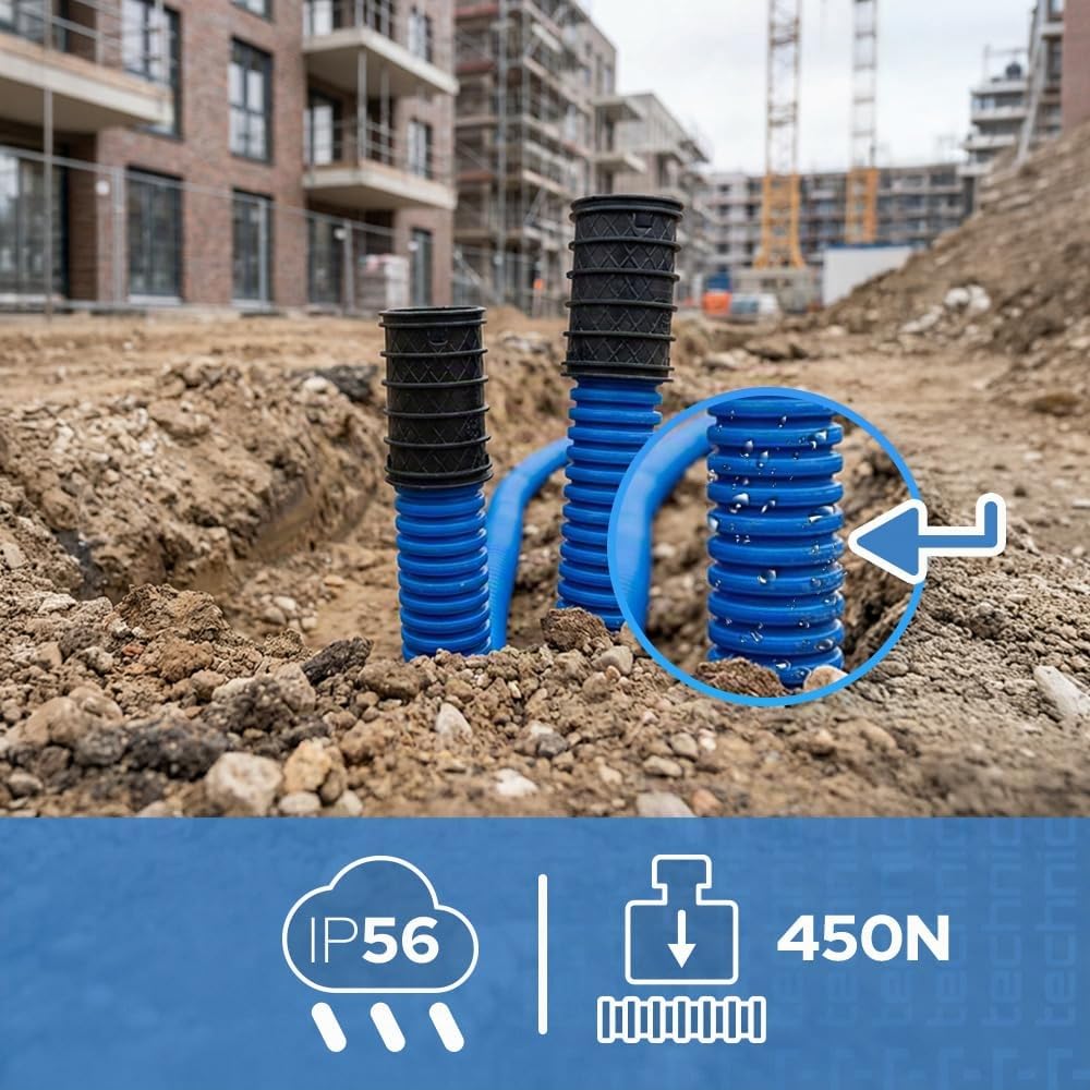50 Metri -Tubo Corrugato Flessibile di Protezione Diametro 40mm (50 m) IP56 | Guaina Corrugata Doppia Parete con Sonda Passacavo per Interramento e Raccordo 450N Blu per Cavi - EDO Technic