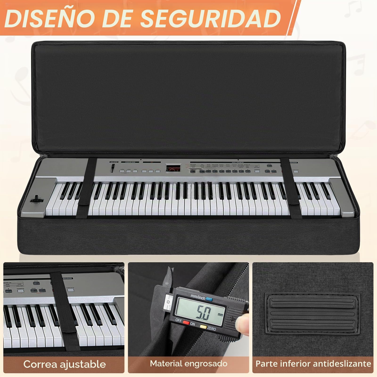 OUOUTMEE Funda para teclado electrónico 76 teclas, tela Oxford 600D, negro, impermeable, 10 mm borde, cuatro protectores de esquina