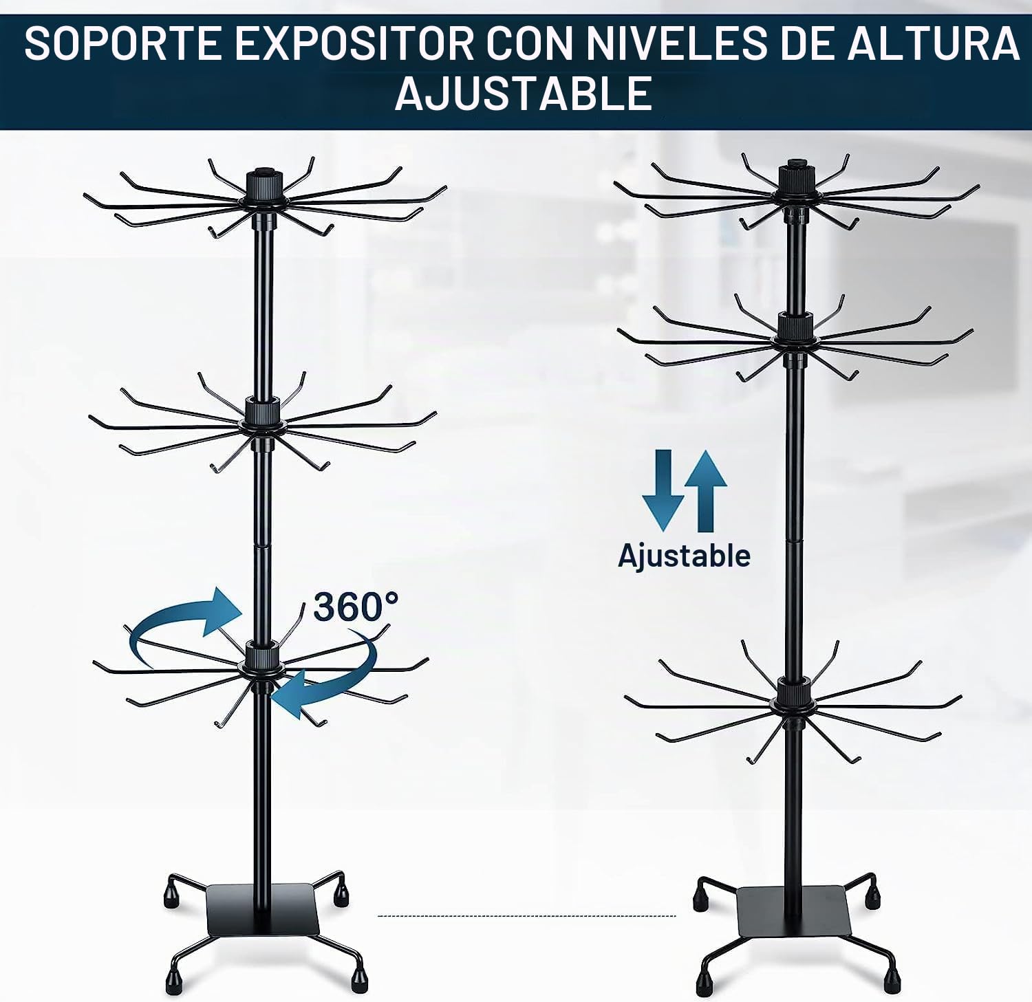 Paquete de 2 estantes giratorios para exhibición de joyas, estante ajustable de 3 niveles, torre de joyería colgante de metal con ganchos para llavero, aretes, collar (B, 28 pulgadas)