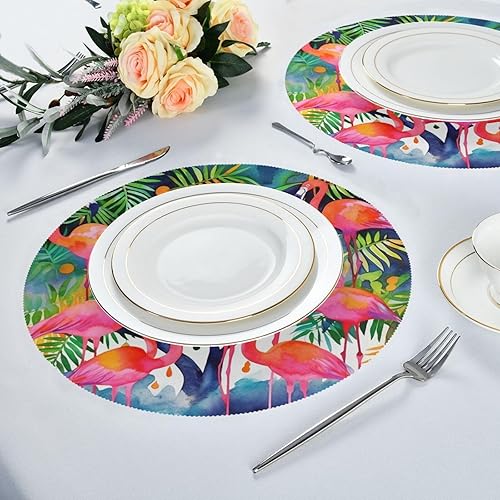 Miniatura 6 de Juego de 4 manteles individuales redondos de flamencos de acuarela, lavables, antideslizantes, resistentes al calor, para decoración de mesas de