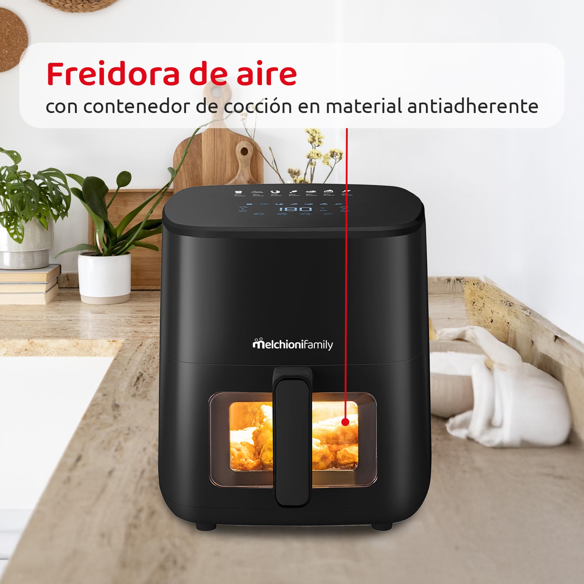 Melchioni Family | Marianna New, freidora de aire 5L, compacta, pantalla táctil, 7 programas, antiadherente, temporizador 60 min, temperatura 80 °-200 °C, control de cocción sin abrir la puerta