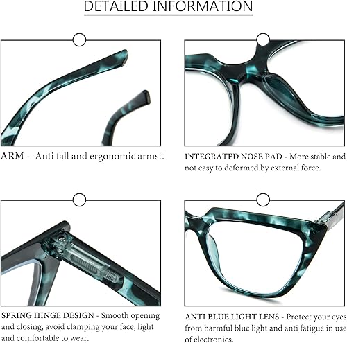 Miniatura 5 de KoKoBin Paquete de 4 lentes de lectura de gran tamaño para mujer, bisagra de resorte con bloqueo de luz azul, Negro, rojo, blanco y leopardo