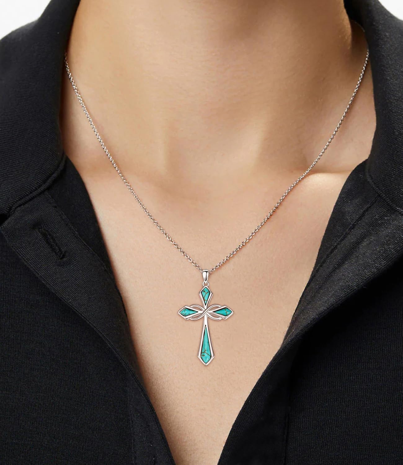Genuine Turquoise Cross Necklace for Women Infinity 925 Sterling Silver Green Stone Pendant Jewelry for Her Wife Mom Sister Girlfriend