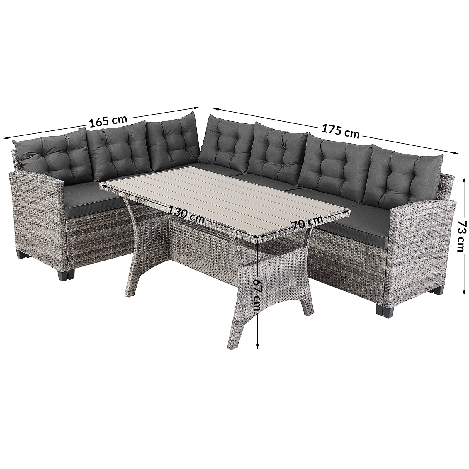 CASARIA® Conjunto Jardin Exterior Poliratán Comedor WPC Sillones Esquineros con Cojines Mesa 6 Personas Resistente Intemperie Muebles Salón Balcón Terraza Gris