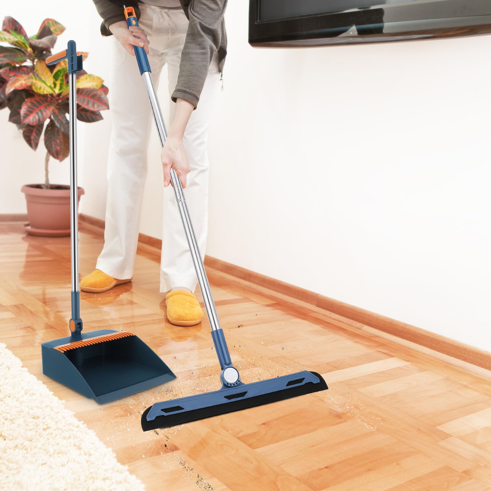 ORFOFE Juego Compacto de Escoba y Recogedor Plegables y Resistente de Plástico Azul, Multi-Funcional para Limpieza Hogar y Oficina