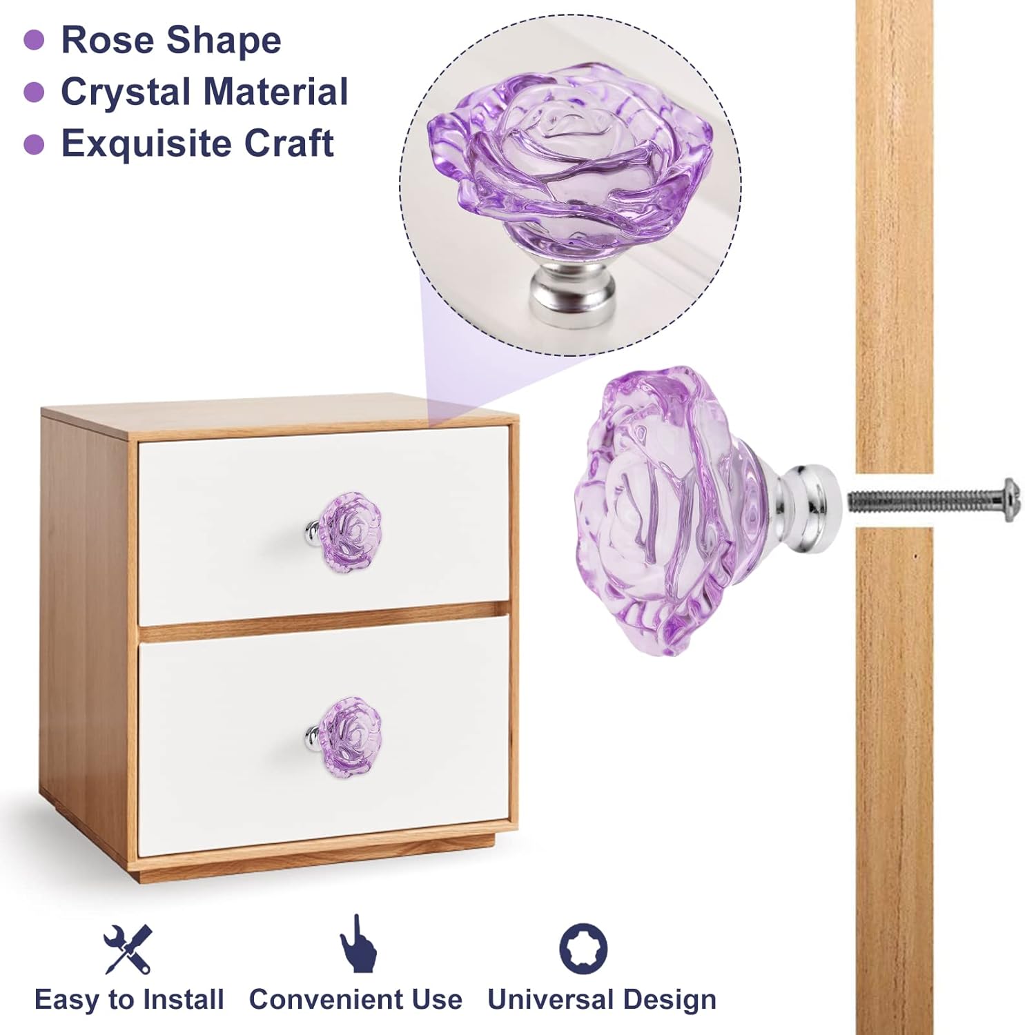 Yetaha Glass Cabinet Knobs, 5PCS Purple Crystal Clear Pulls Rose Shape Dresser Handles for Drawer Cupboard Bathroom Kitchen Furniture Hardware Decoration, with Screws