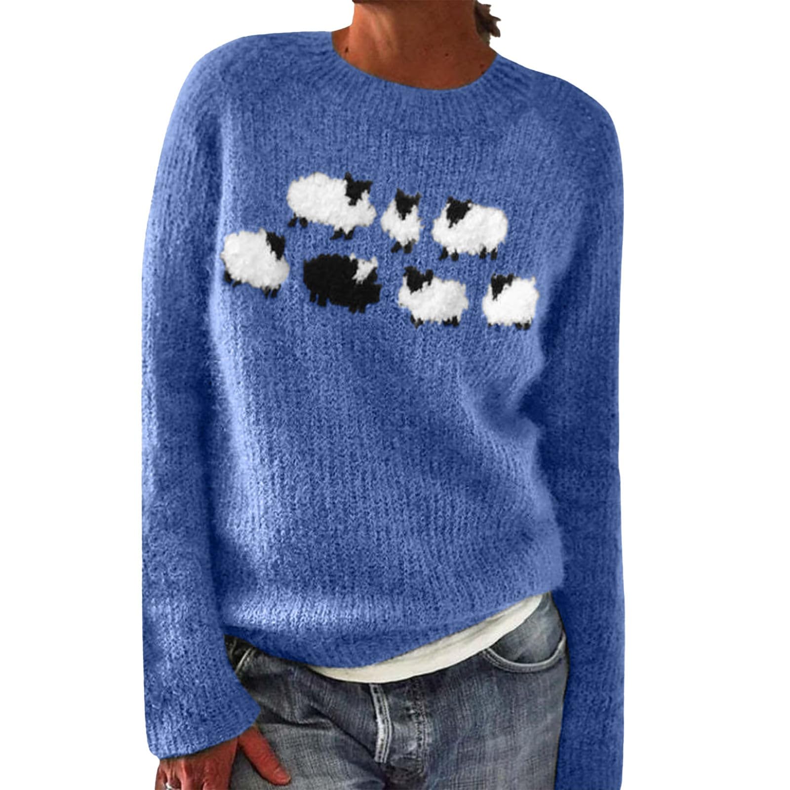 Damski sweter z dzianiny z motywem zwierzęcym z okrągłym dekoltem i wzorem