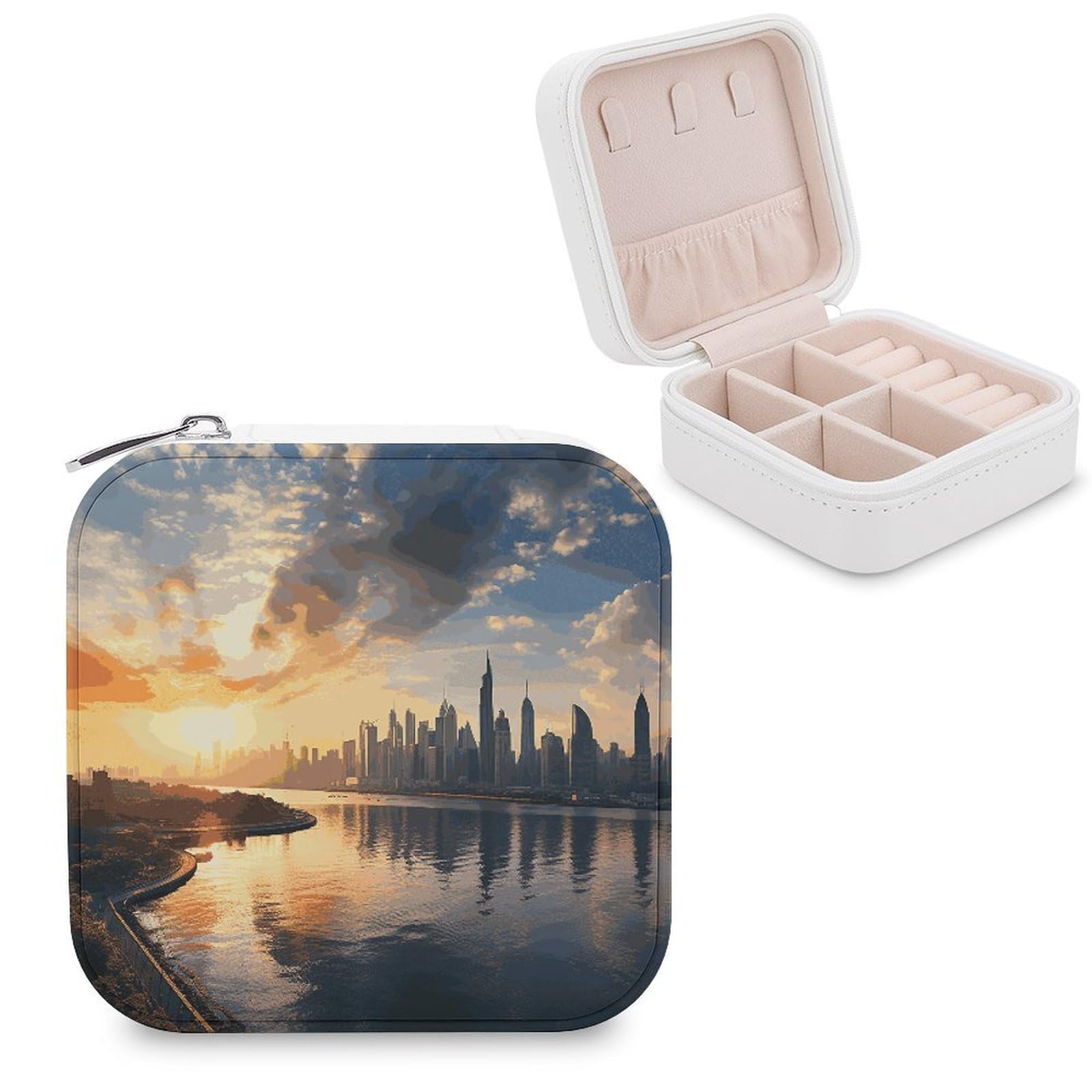 JTREHY Travel New York in The Sunset Jewelry Case Portable Display Storage Box PU Leather Mini Jewelry Travel Case Personalized Travel Jewelry Organizer Small Jewelry Box for Women