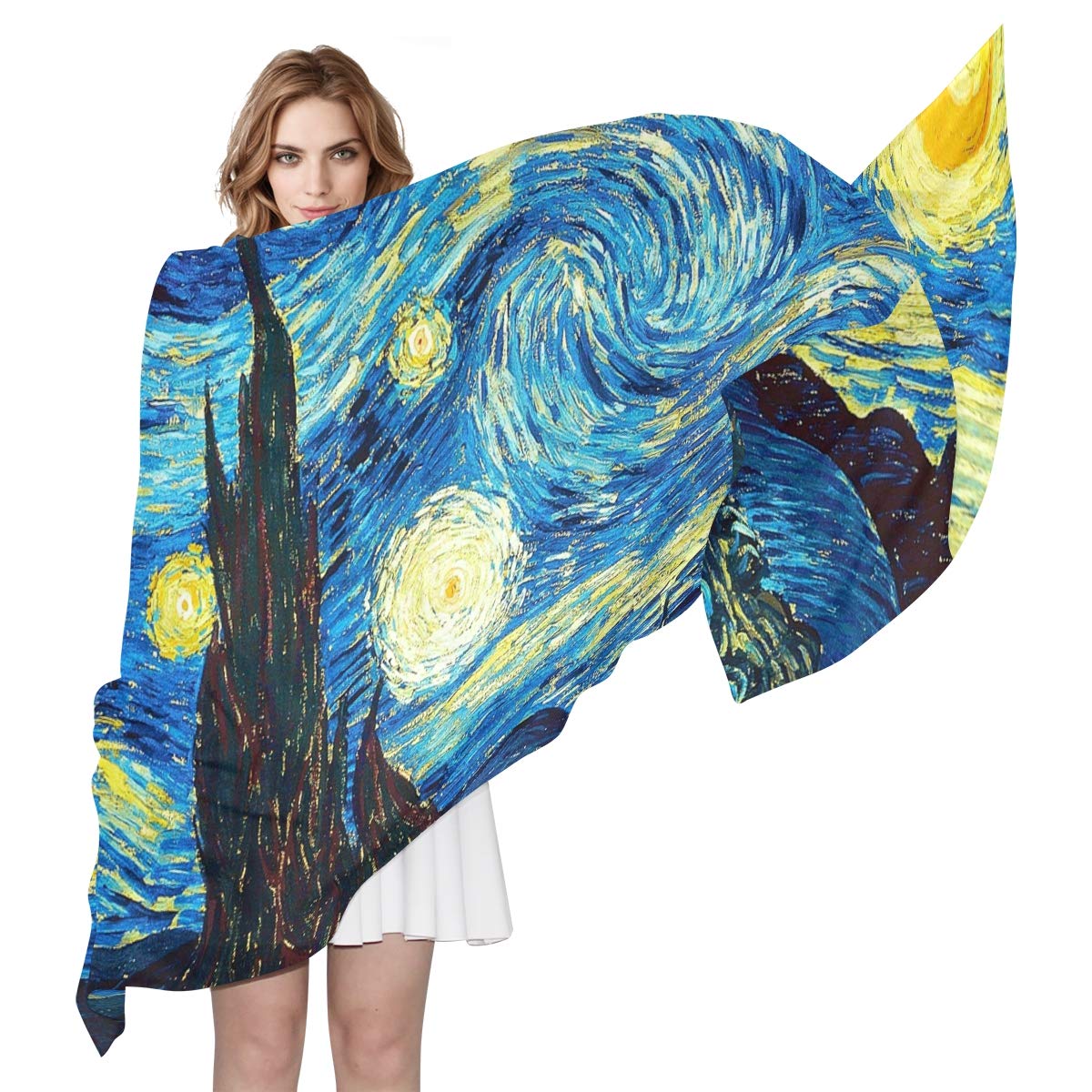 Womens Starry Night Vincent Van Gough Scarf Sheer Silky Feeling Long Scarves Lightweight Wrap Shawl