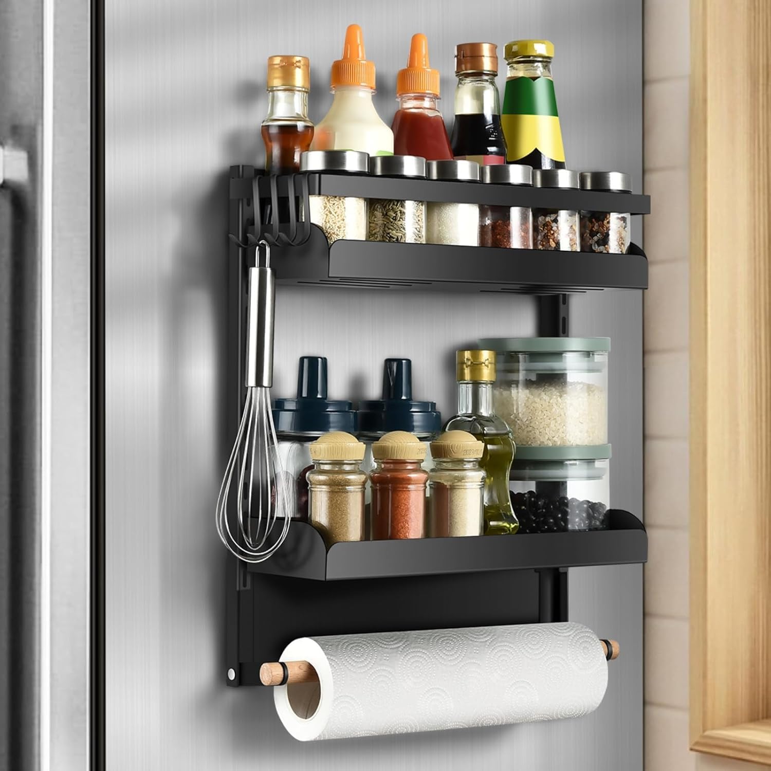 Magnetregal Für Kühlschrank – 2-stöckig, Mit Küchenrollenhalter, Schwarz, Bis 5 Kg Tragkraft