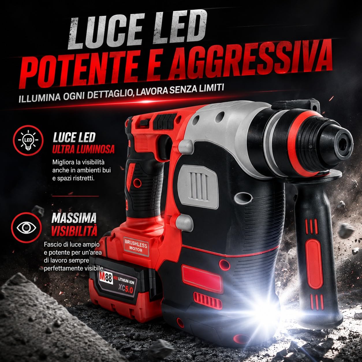 Trapano Tassellatore a Percussione SDS PLUS M88 con Motore Brushless 2 Batterie 5Ah 2.3J 0-1200 RPM 3200 BPM Luce LED Martello Perforatore