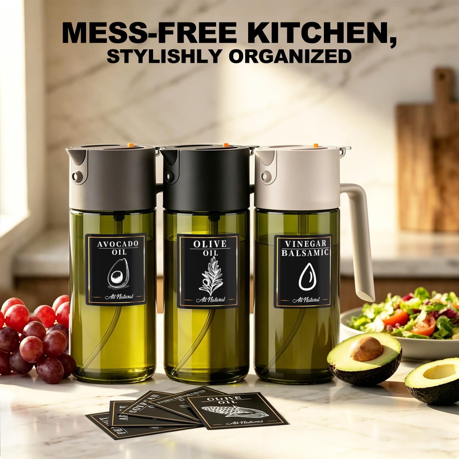 Pulverizador de aceite 2 en 1 de 500 ml para cocinar con calcomanías, botella dispensadora de aceite de oliva de vidrio para cocina, spray continuo con control de porciones, perfecto para freidora de