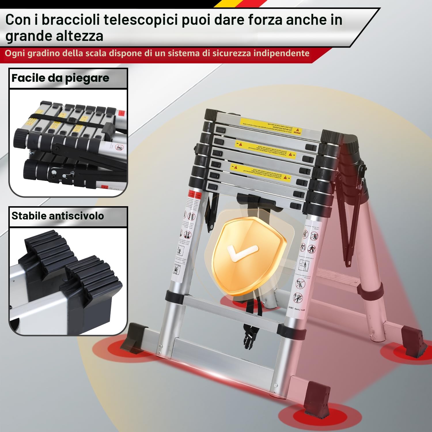 Lospitch - Scala telescopica pieghevole, 2 + 2,3 m, in alluminio, antiscivolo, multiuso, allungabile, telaio ad A, 6+7 pioli, portata 150 kg