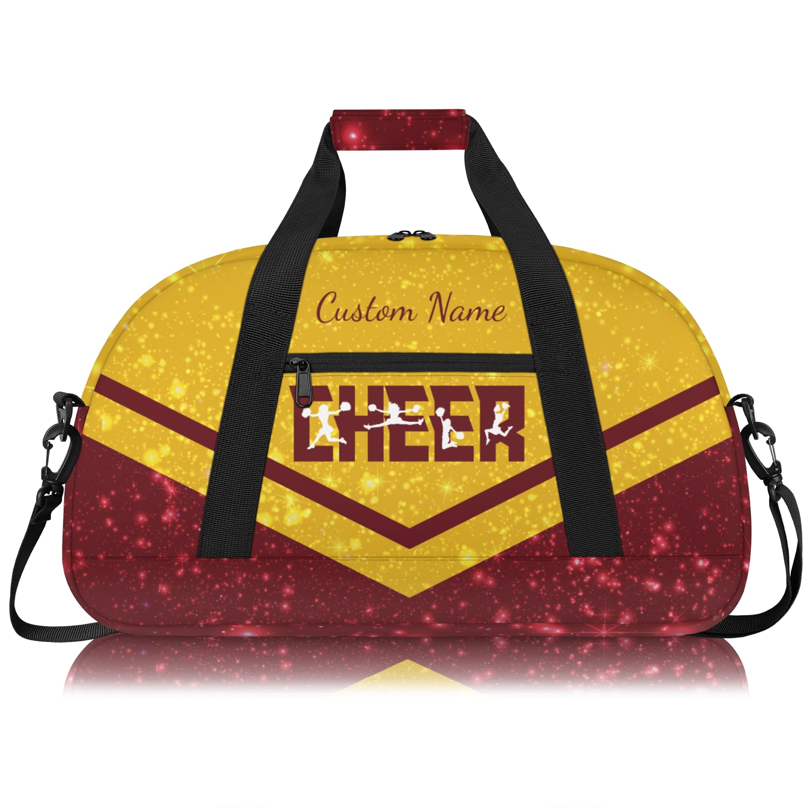 Personalised Cheerleading Duffel Bag for Girls | Custom Name Waterproof Sports Bag for Cheer, Gym & Travel | Cheerleader Team Gifts Bag with Adjustable Shouler Strap, Glitter Dark Yellow Red