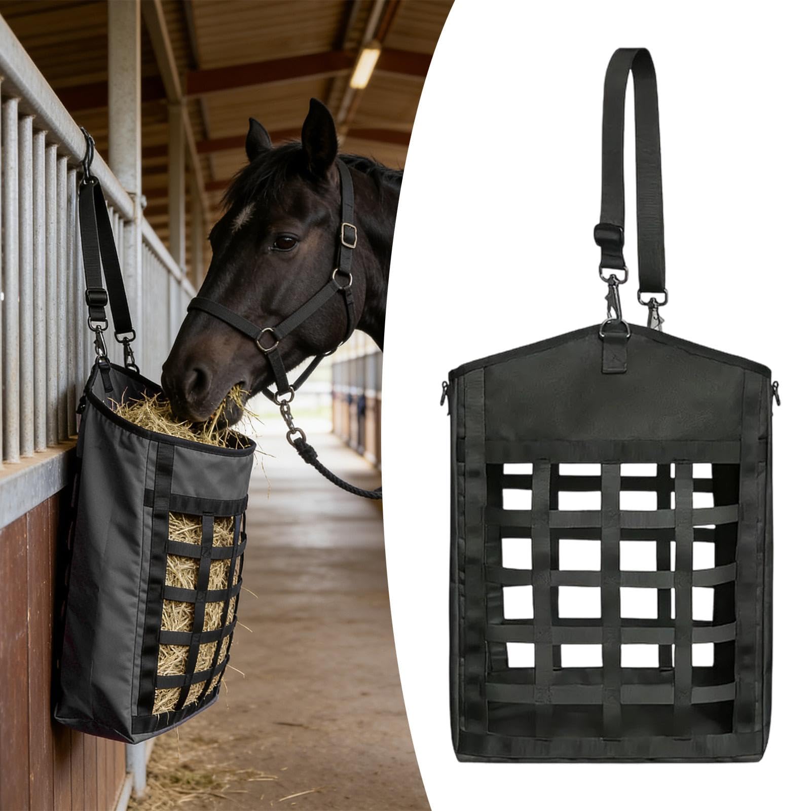 Heunetz für Pferde, Nylon Heusack mit Großer Öffnung Und Faltbarem Design für Den Transport von Tieren Im Stall, bei The P, Schwarz
