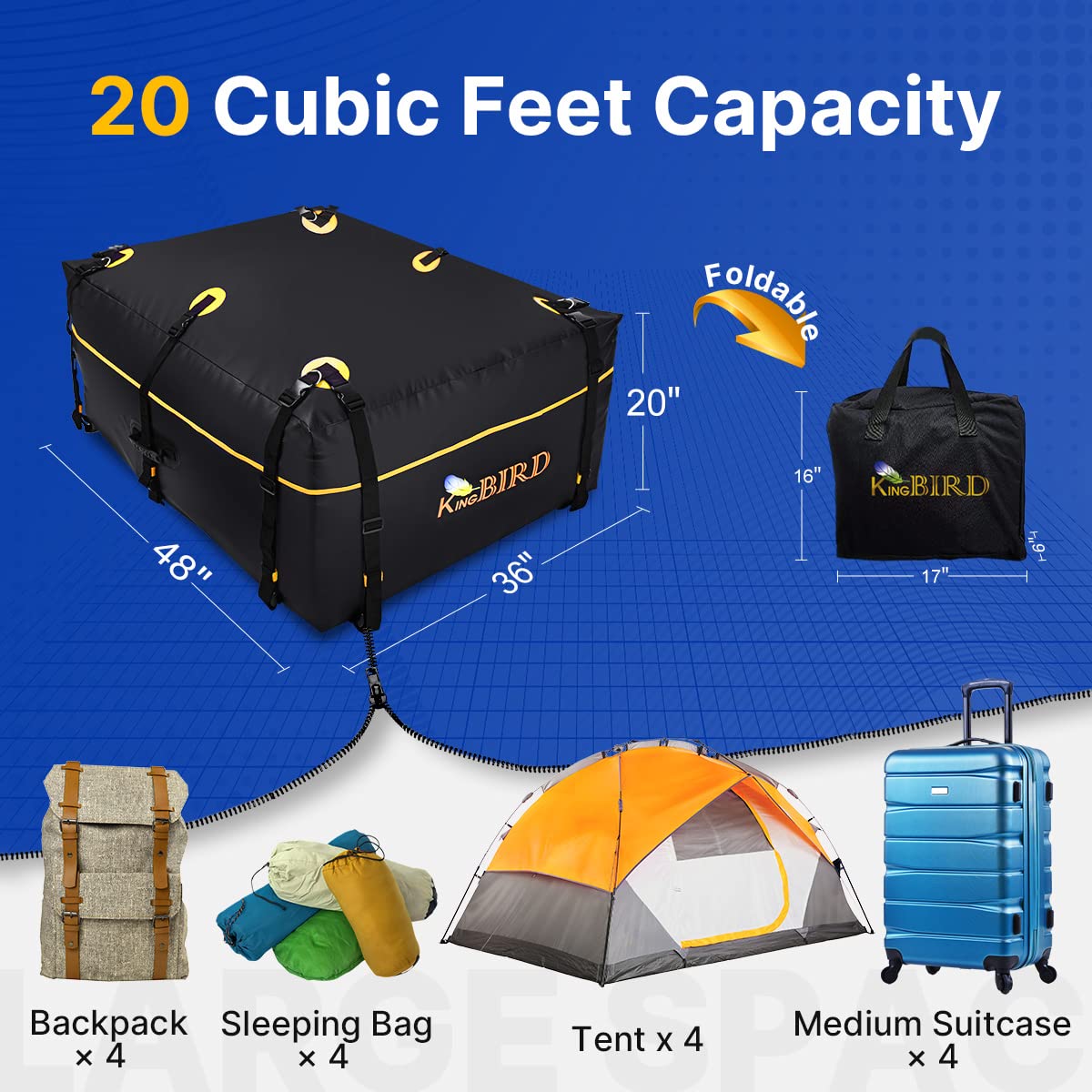KING BIRD 20 Cubic Feet Car Roof Bag,700D PVC Waterproof Rooftop Cargo